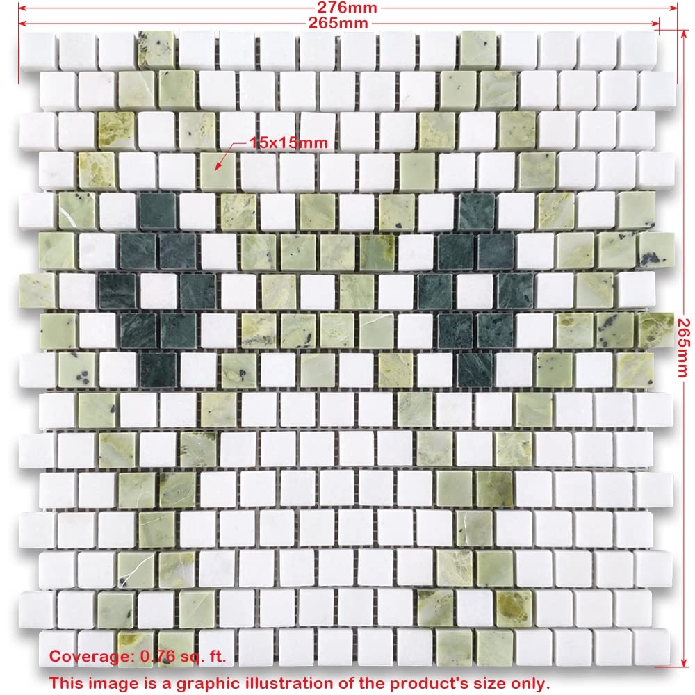 Thassos White Marble 5/8x5/8 Square Diamond Mosaic Tile w/Green Marble Polished Kitchen Bath Wall Floor Backsplash