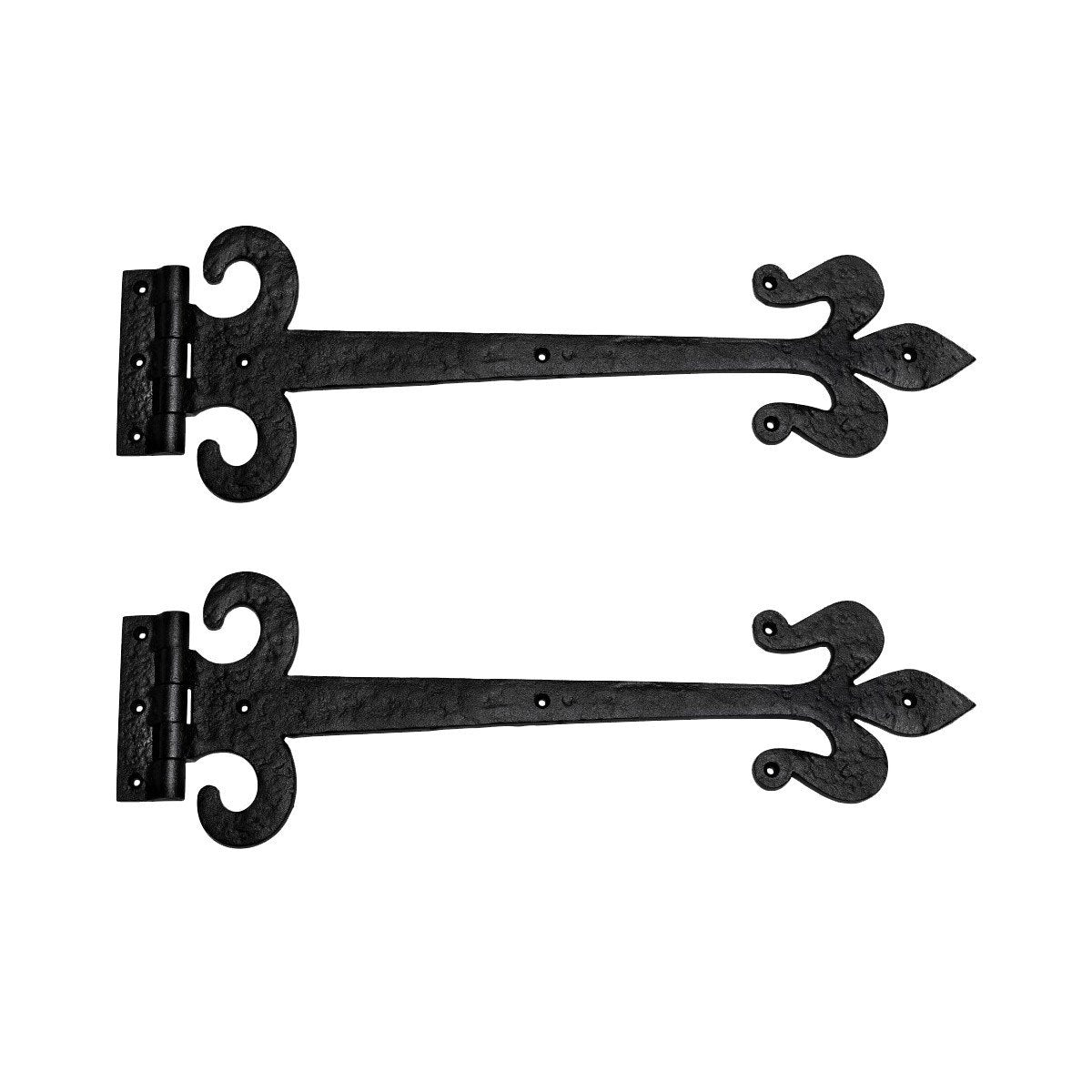 Strap Hinge 18 in. Black Wrought Iron Fleur De Lis Style Flush Mount Heavy Duty Strap Gate and Door Hinges with