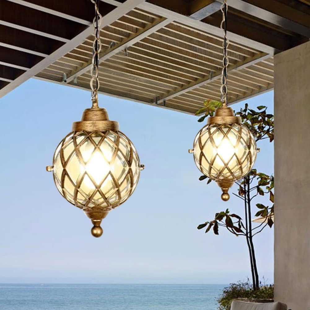 Outdoor Pendant Light For Porch, Exterior Vintage Ceiling Hanging Lamp Lantern Glass Aluminum Outside Waterproof