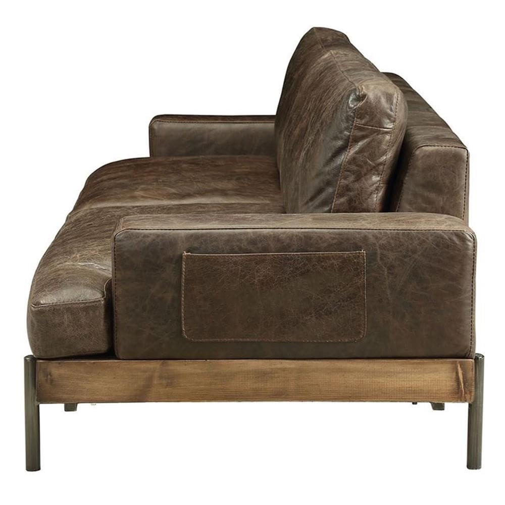 Leather Loveseat Sofa in Oak & Distress Chocolate Vintage-Industrial Style Sofa with Top Grain Leather Upholstery