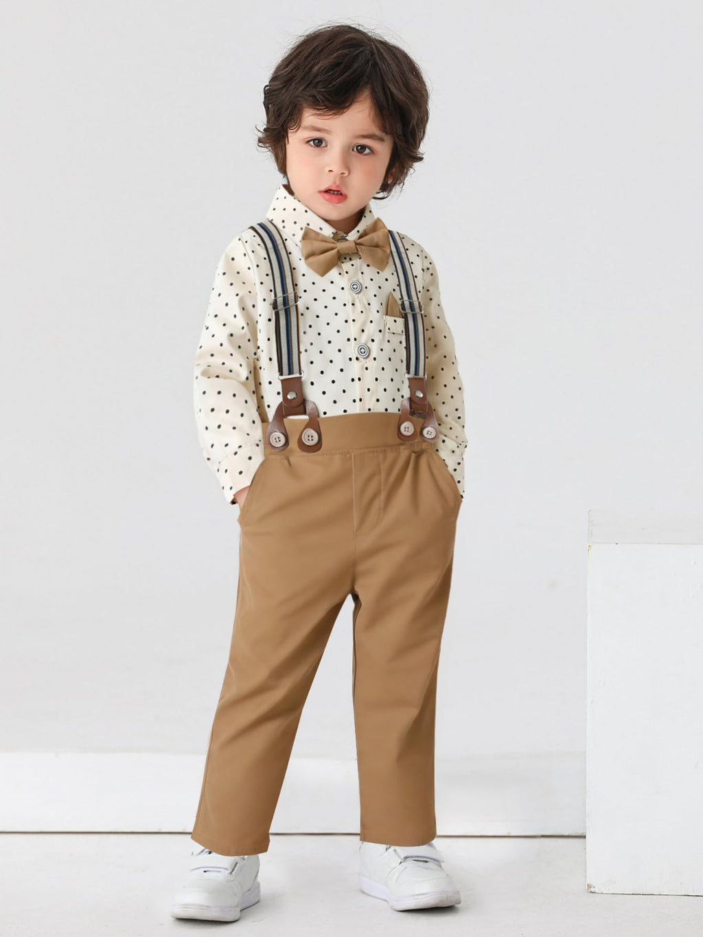 Baby Boys Gentleman Outfits Pants Sets, Infant Long Sleeve Shirt + Pants + Bow Tie + Suspenders