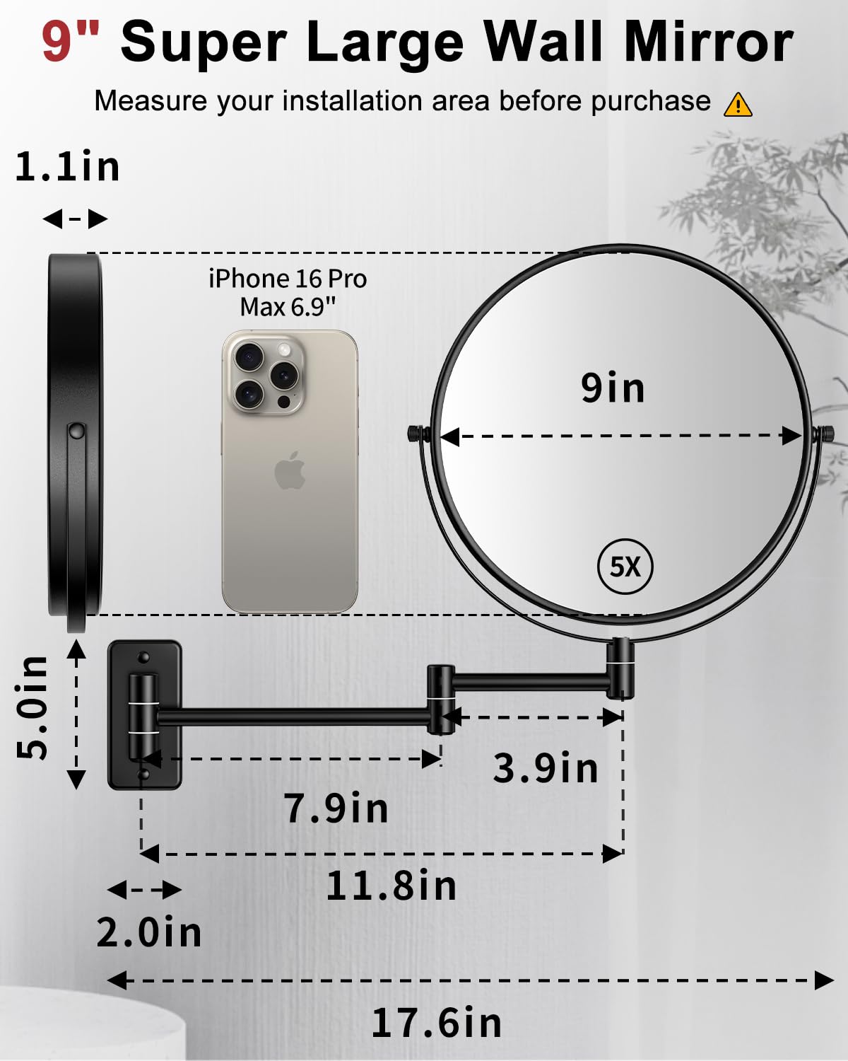 9" Large Size Wall Mount Magnifying Mirror