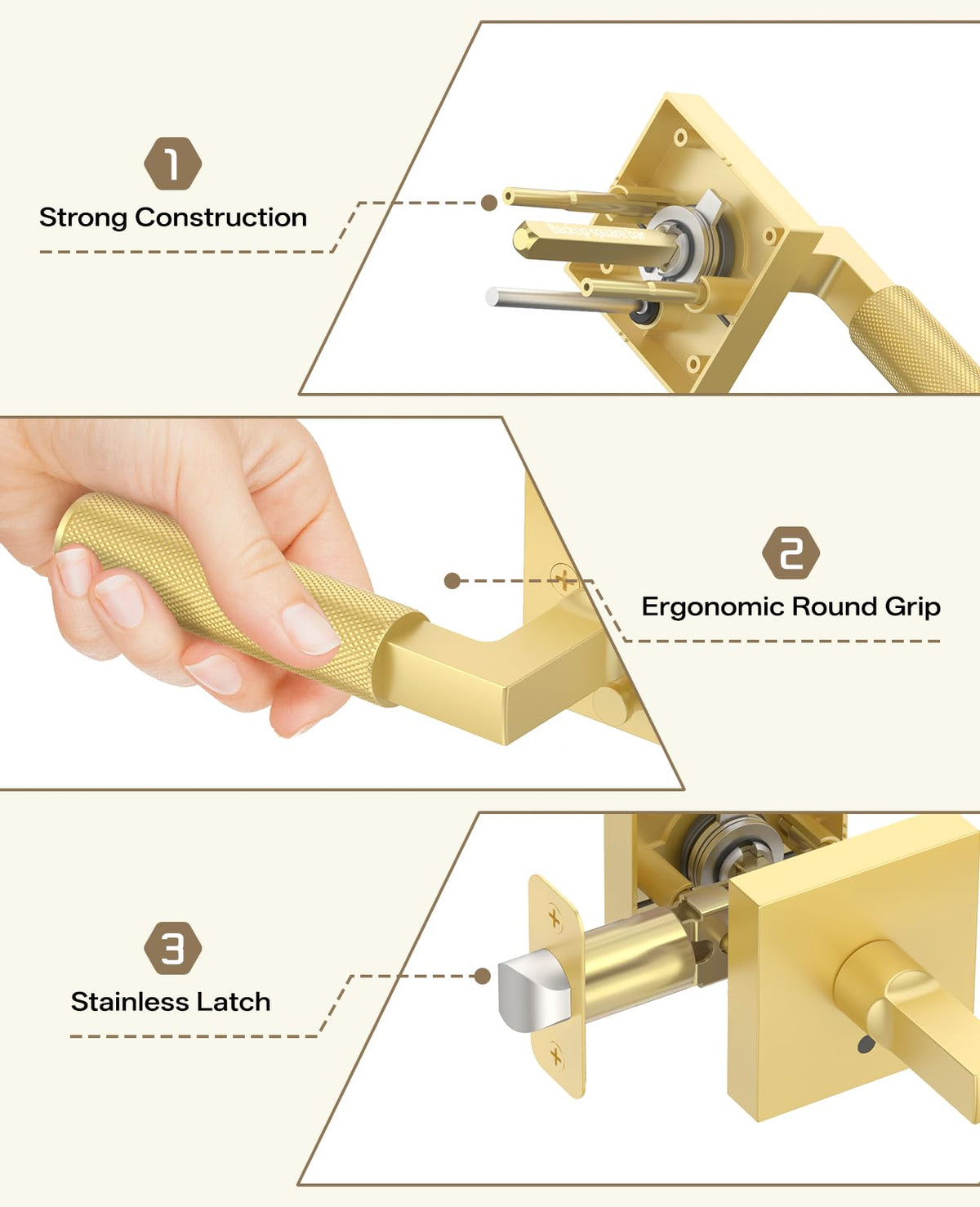 3 Pack Brushed Gold Privacy Interior Door Handles