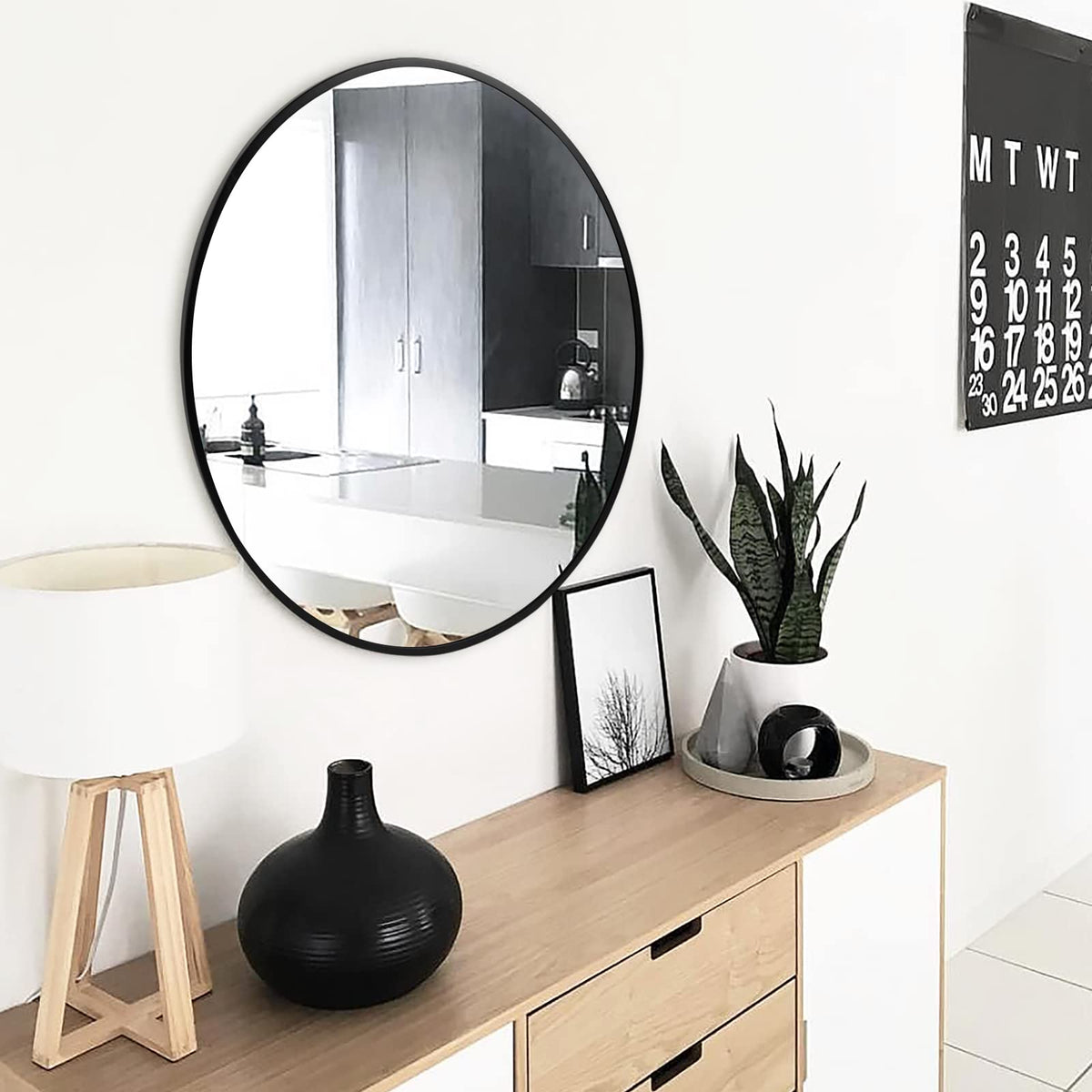 Black Round Mirror 20 Inch, Wall Circle Mirror, Matte Framed