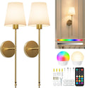 Battery Operated Wall Sconces Set of Two, RGBWW Wireless Rechargeable Wall Lights with Dimmable Magnetic Bulbs and Remote, Gold Wall Lamp for Living Room Bedroom Hallway Decor