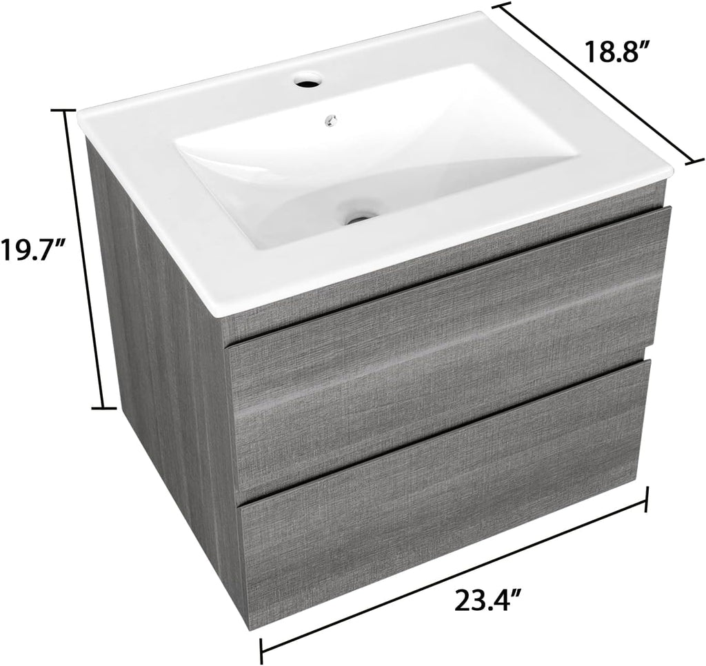 24-Inch Modern MDF Bathroom Vanity with Sink – Wall-Mounted Floating Cabinet with Double Drawers, White