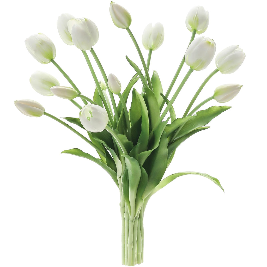 15 Pcs Ivory Artificial Tulips, Real Touch Latex Faux Bouquet with Buds, Lifelike Floral Stems, Fake Flowers for