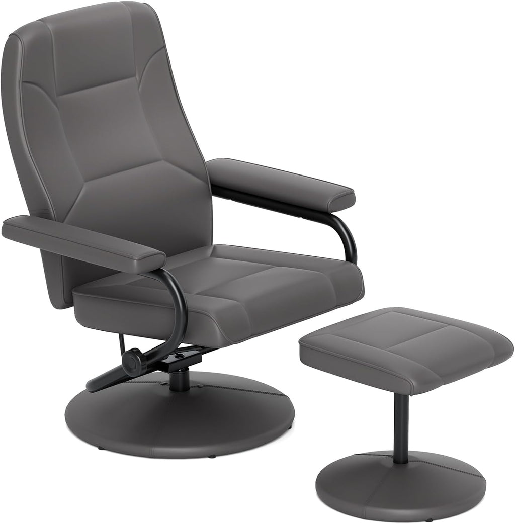 Modern Reclining Swivel Lounge Chair and Ottoman — Black Faux Leather