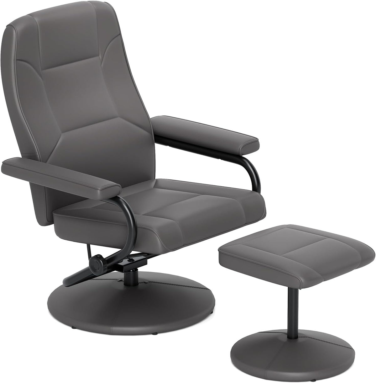 Modern Reclining Swivel Lounge Chair and Ottoman — Black Faux Leather