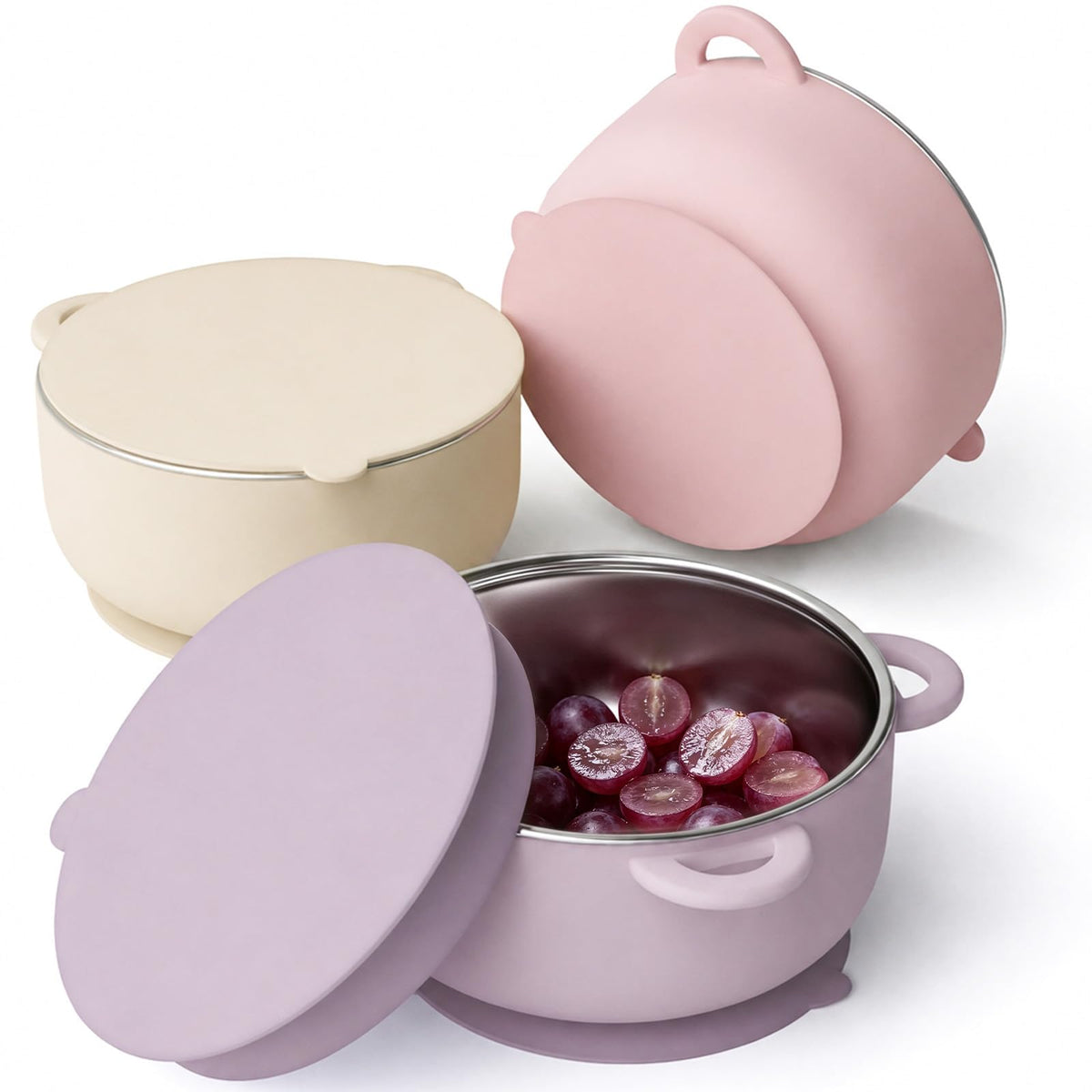 2-in-1 Stainless Steel Baby Bowls, Leak-Proof Lids & Suction Silicone Bowl, 13.5oz Toddler Bowls Kids Food Containers