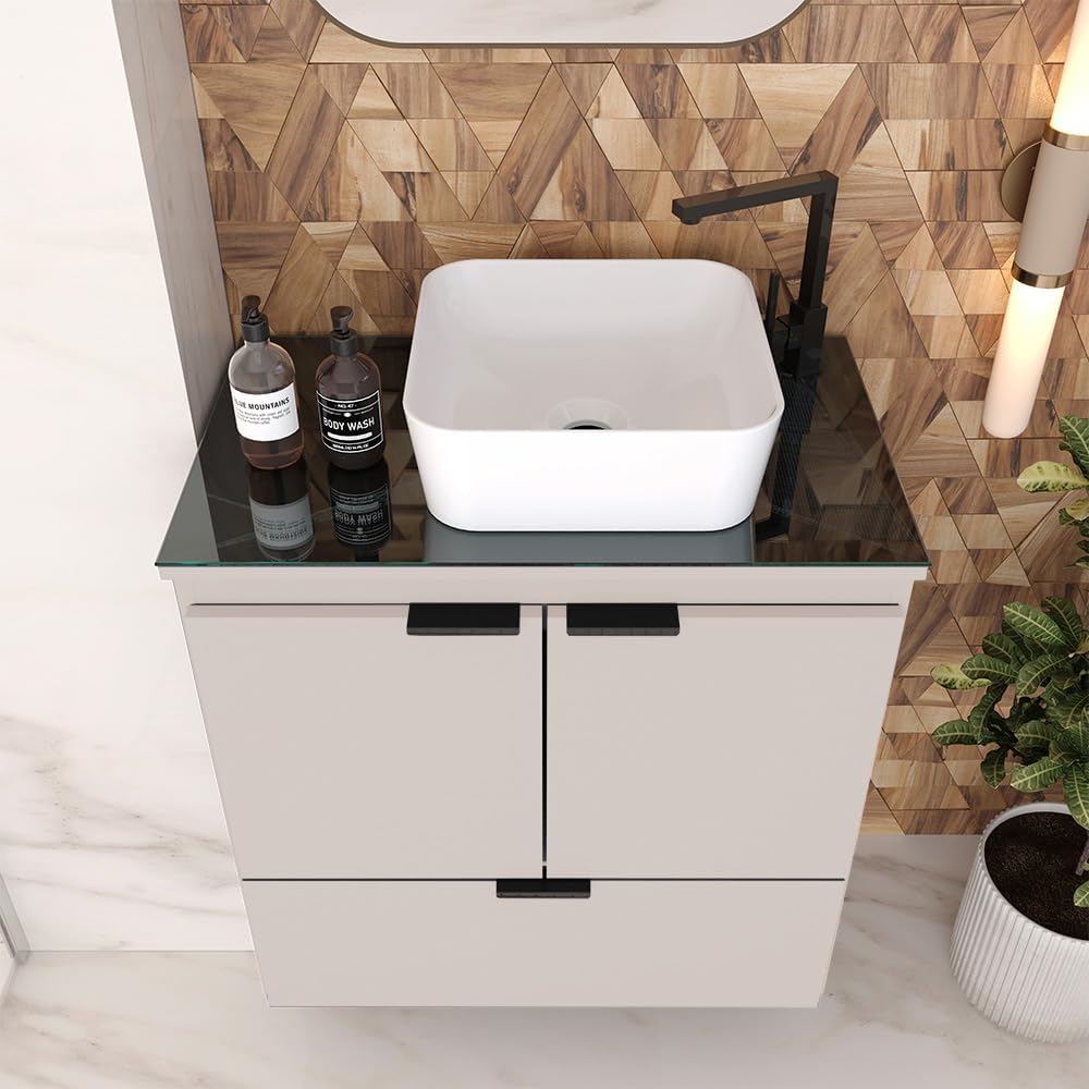24-Inch Floating Bathroom Vanity with Ceramic Sink – Wall-Mounted Cabinet with Tempered Glass Countertop, Soft-Close Doors, and Drawer