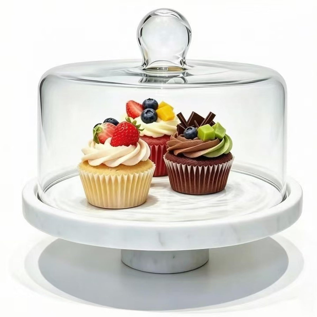 Marble Cake Stand with Glass Dome, Holds 9.84" Cake, with Lid