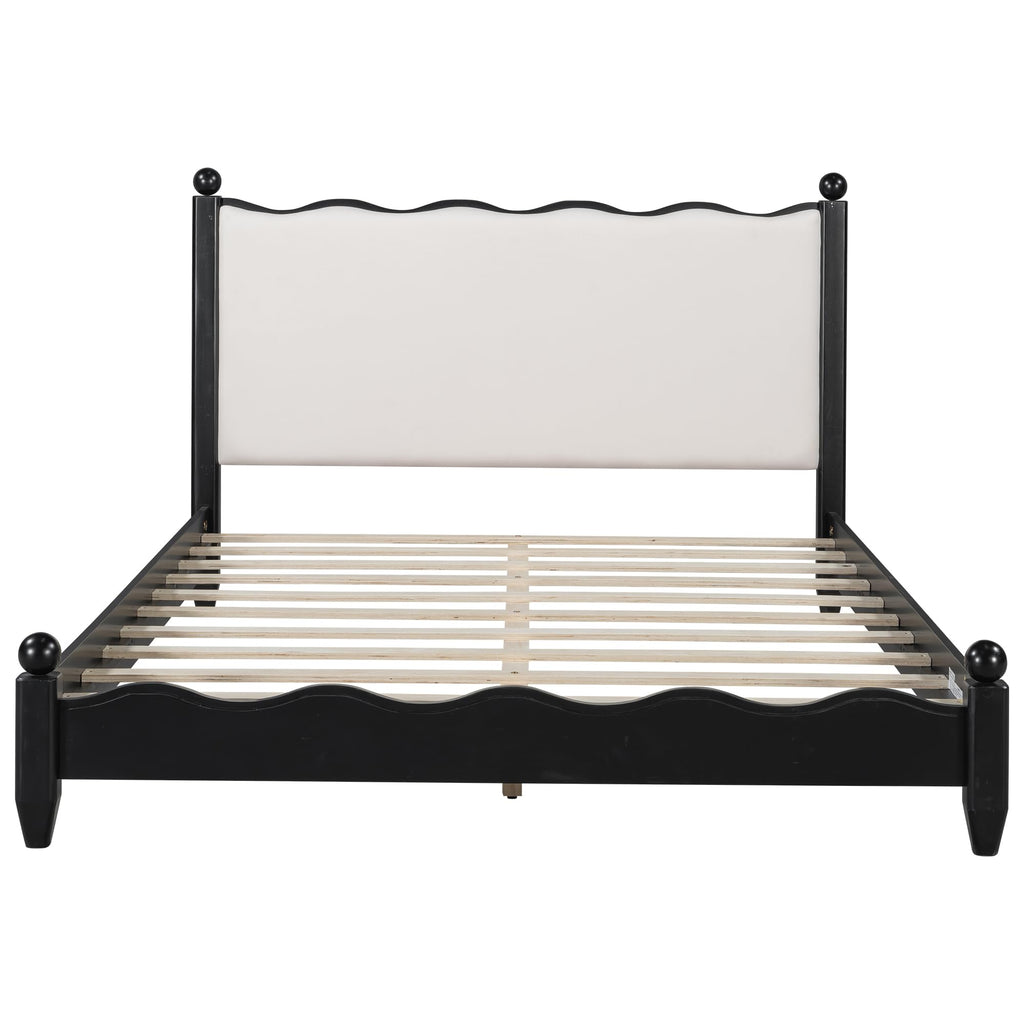 Modern Solid Wood Bed Frame with Upholstered Headboard, Queen Size Rustic Platform Frame with Sturdy Wood Legs/No Box