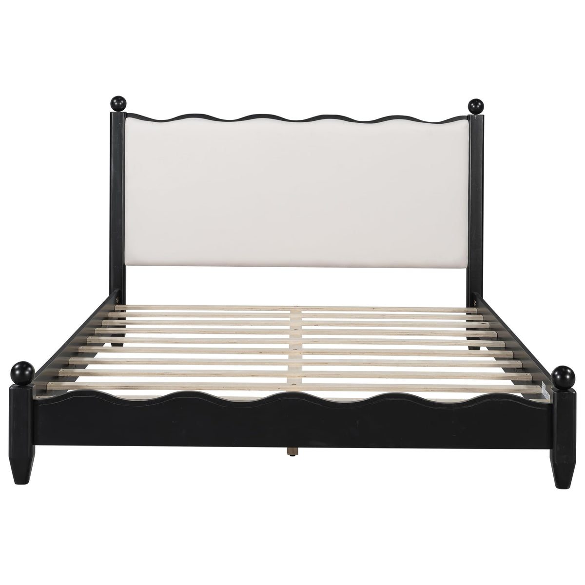 Modern Solid Wood Bed Frame with Upholstered Headboard, Queen Size Rustic Platform Frame with Sturdy Wood Legs/No Box