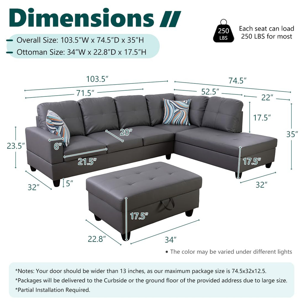Faux Leather Sectional Sofa Couch, Modern L-Shaped Couch, Modular Sectional Sofa Set, 103.5" Corner Chaise Lounge
