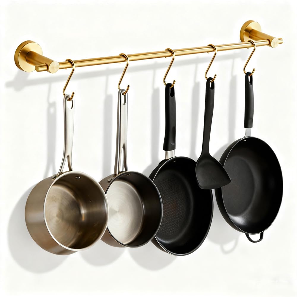 Pot Rack Wall Mounted, 21 inch Hanging Pot and Pan Hanger, Stainless Steel Kitchen Rail Coffee Mug Rack with 10 S