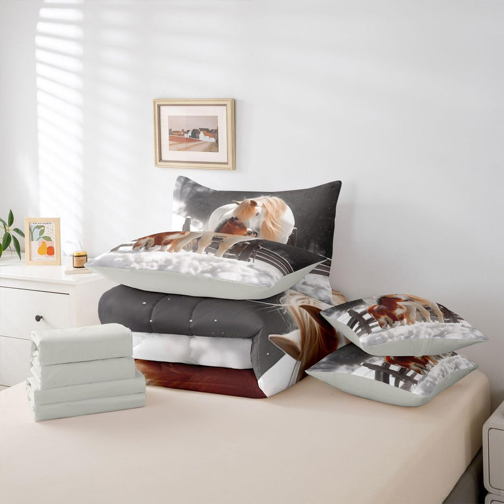 Western Horse 7 Piece Bedding Set | Rustic Cabin Snow Winter Comforter Set with Sheets Horse Bed in A Bag 3D