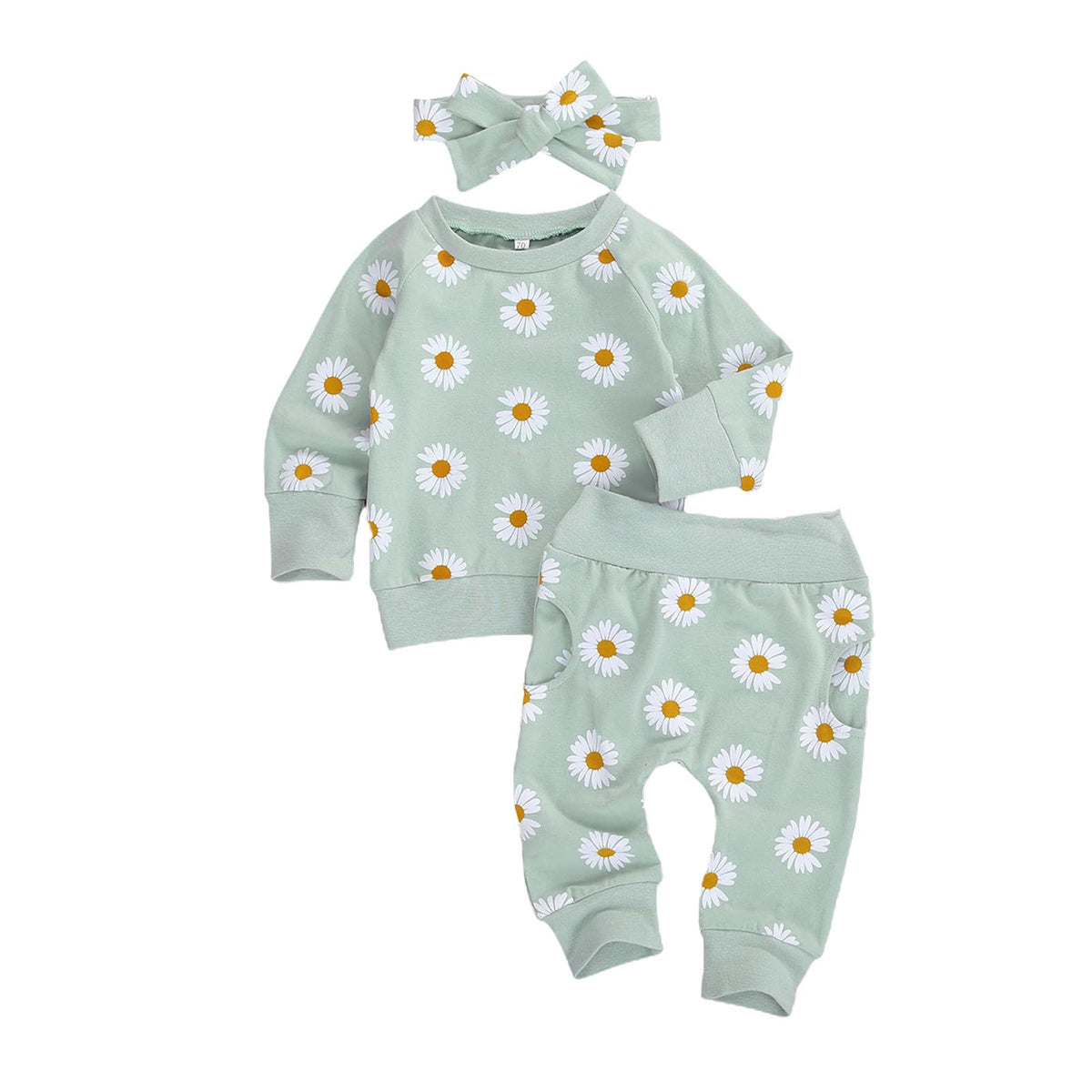 3Pcs Baby Girl Outfits Daisy Sweatshirt + Pants + Headband Infant Fall Winter Clothes Green