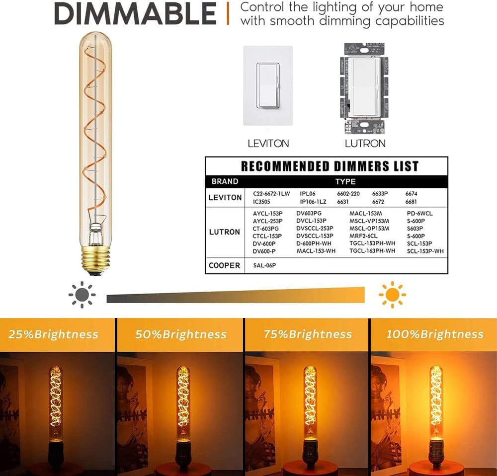 Vintage LED Spiral Filament Bulb T10, 8.9inch Long Tubular Dimmable Edison Light Bulbs,E26 Base,Amber Glass,Warm