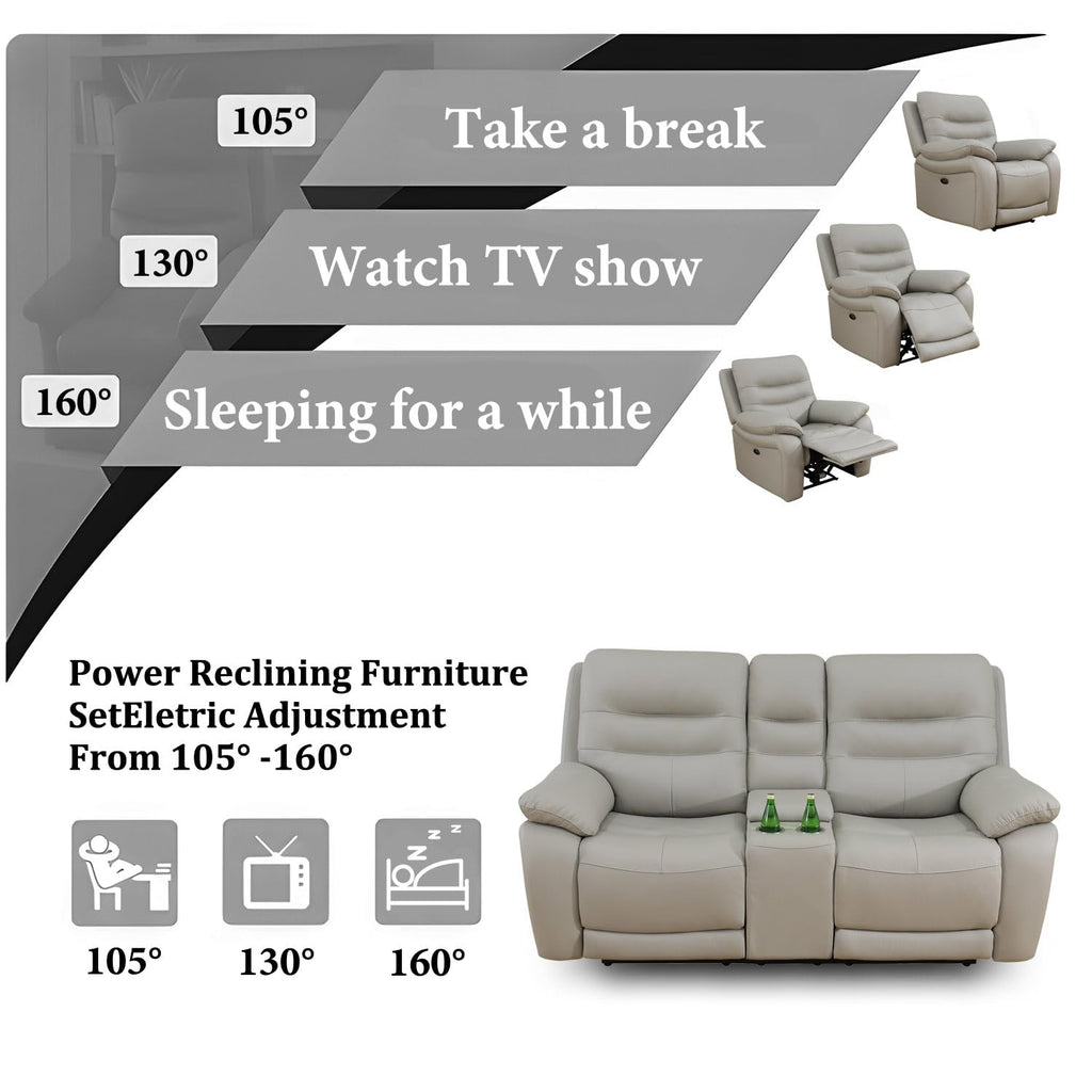 Power Reclining Sofa, 3-Seater Genuine Leather Recliner Couch