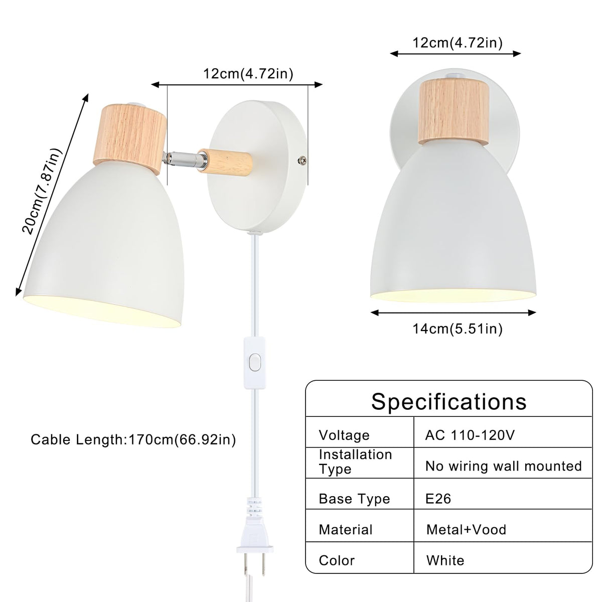 Wall Sconces Plug in, Swing Arm Wall Lamp with Power Cord, White Plug in Wall Lighting Fixtures Set of Two, Bedside
