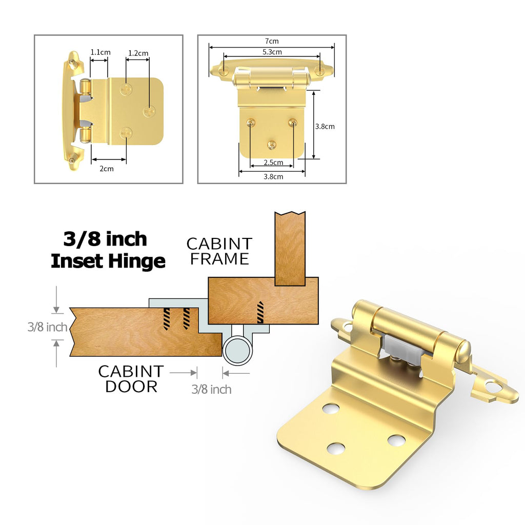 3/8 Inch Inset Cabinet Hinges, 5 Pairs(10 Pack) Self Closing Flush Face Mount Hinges with Door Bumper, Variable