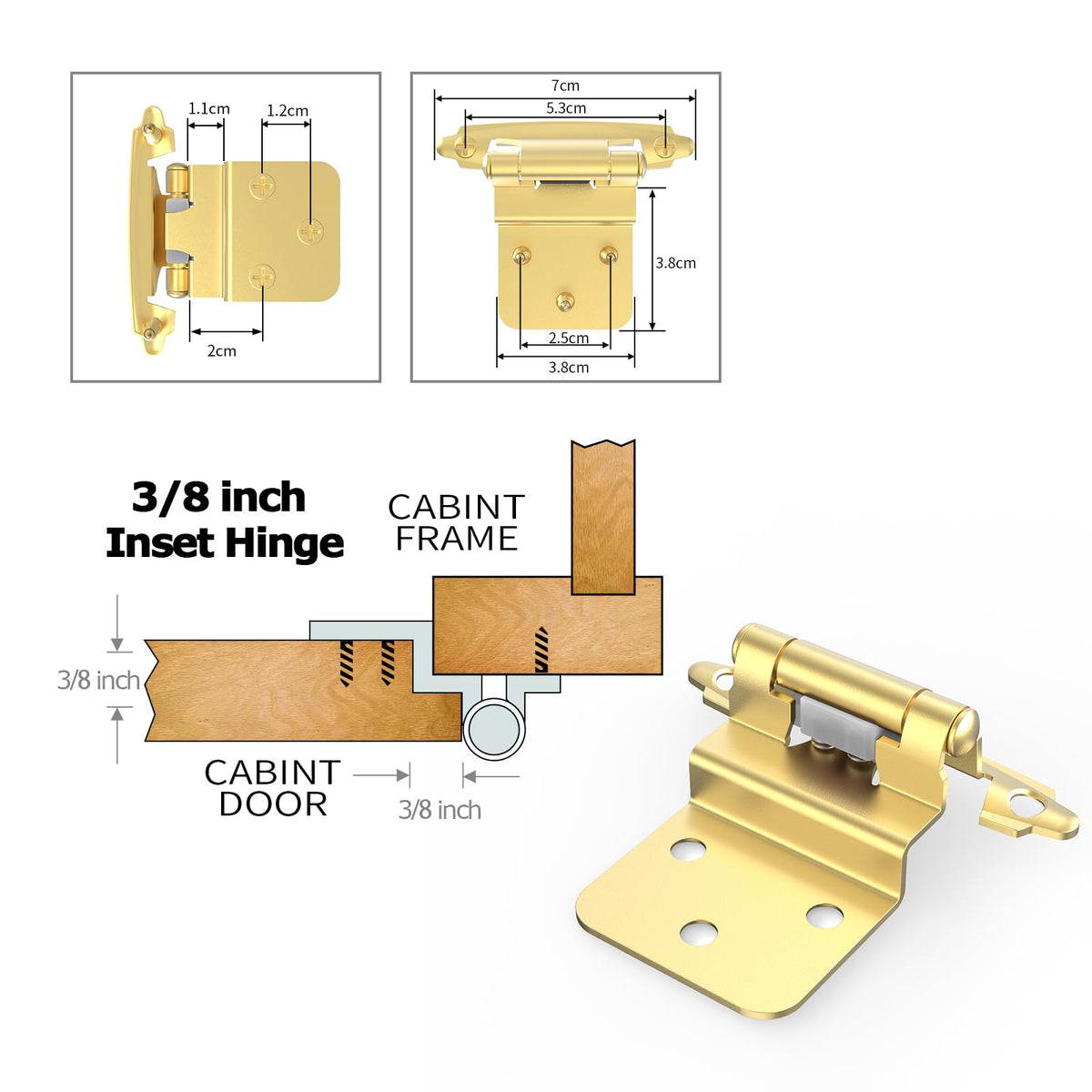 3/8 Inch Inset Cabinet Hinges, 25 Pairs(50 Pack) Self Closing Flush Face Mount Hinges with Door Bumper, Variable