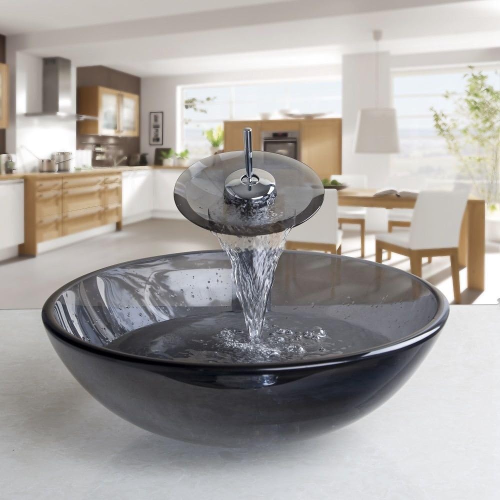 Vessel Sink Tempered Glass Round Bowl and Mixer Waterfall Faucet Drain Combo Set Grey Color
