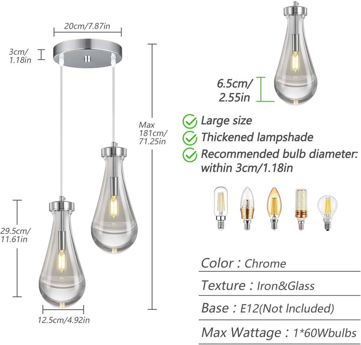 Raindrop Pendant Lights Kitchen Island Teardrop Chrome Hanging Light Fixtures Clear Solid Glass Pendant Light Modern Chandeliers for Dining Room Porch Corridor Living Room (2-Light)