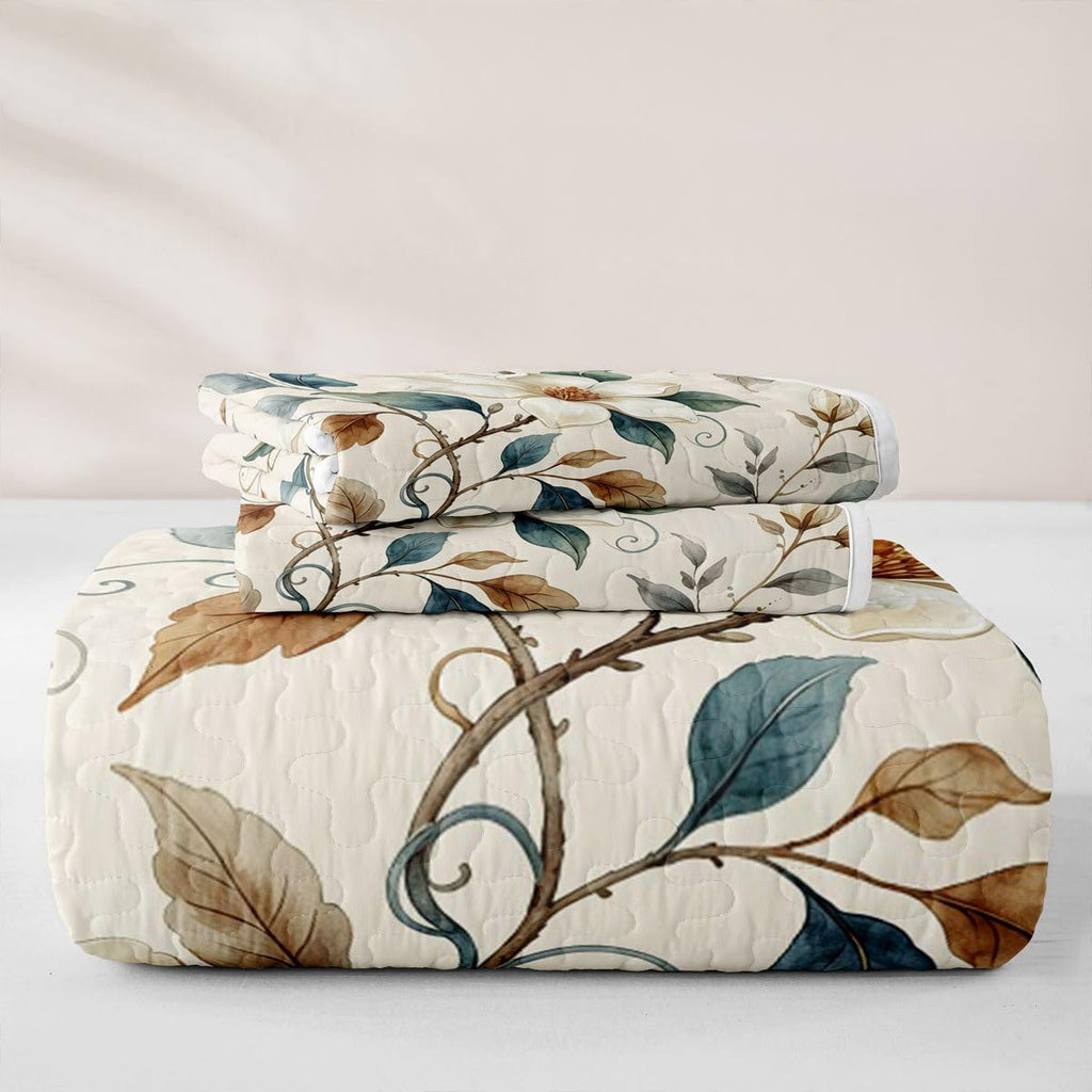 Abstract Floral Quilt Set, French Country Romantic Floral Quilted Coverlet, Retro Farmhouse Style Bedspread