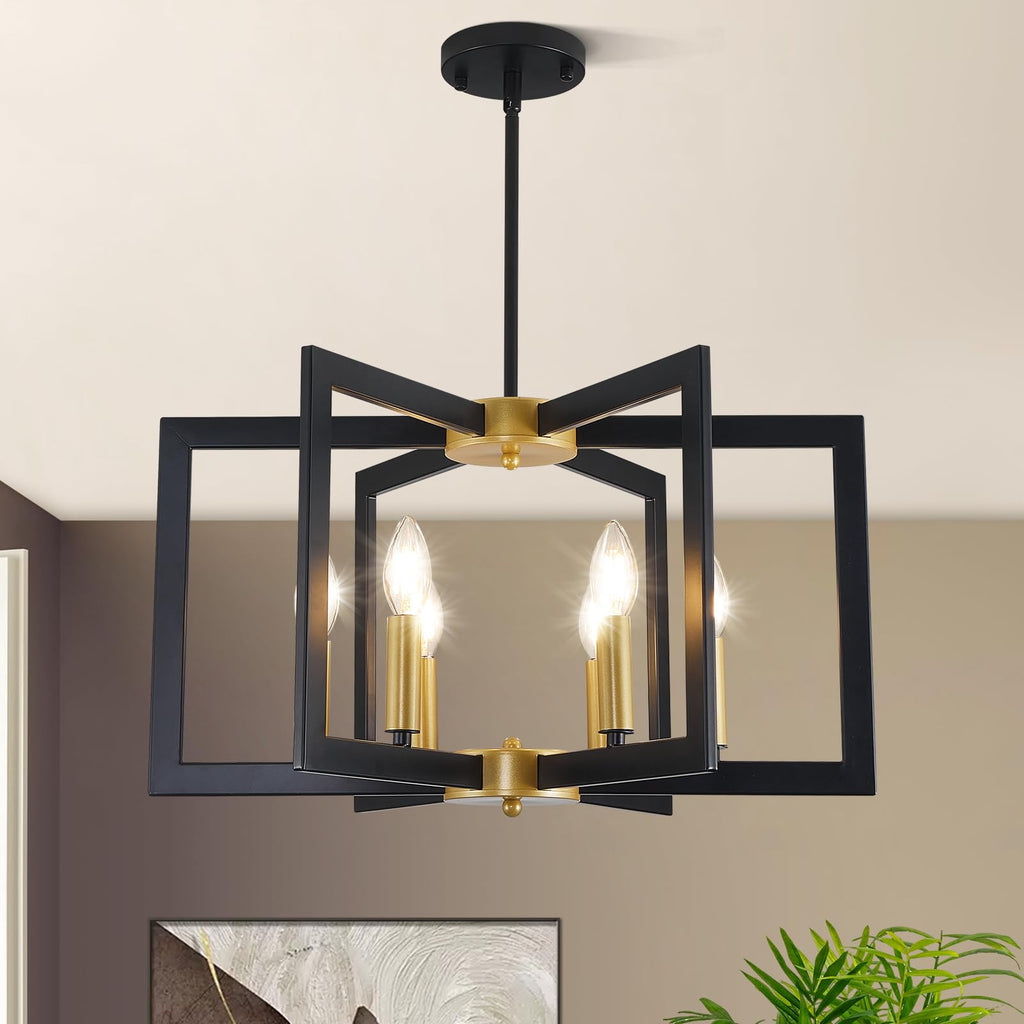 22" Black and Gold Chandelier, 6-Light Geometric Dining Room Fixture, Modern Industrial Foyer Lighting Fixtures, Rustic