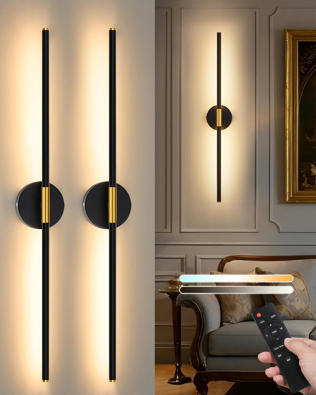 24" Battery Operated Wall Sconce Set of 2, 350° Rotating Lamp, Black Gold