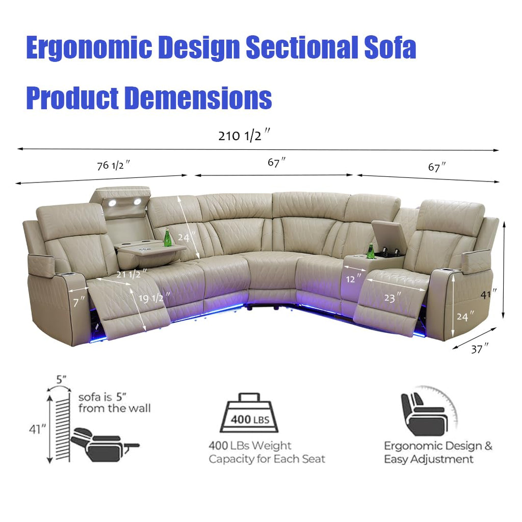 Brown Leather Recliner Sectional Couch with LED, Power Sectional Sofa and Loveseats, Power Recliner Sofa Set