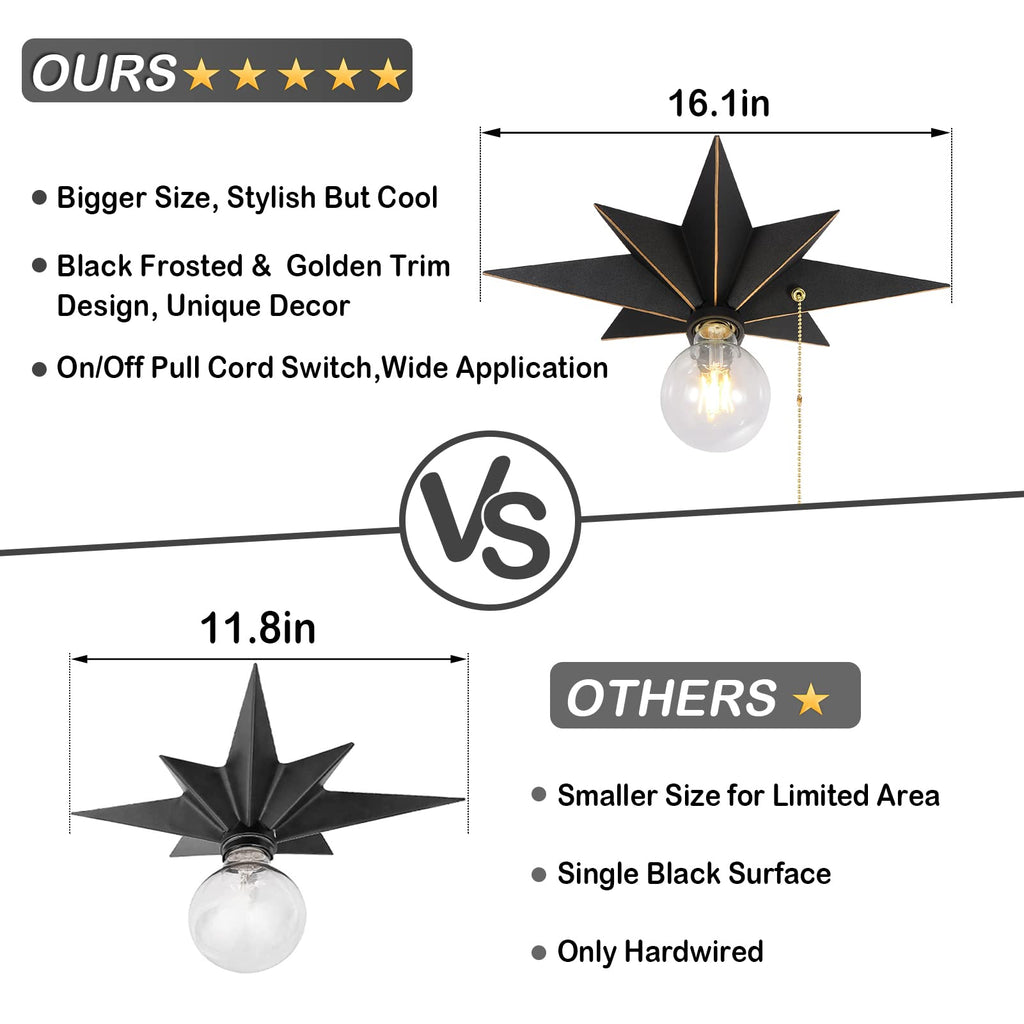 16 inch Flush Mount Ceiling Light with Pull Chain On/Off Switch, Industrial Black Star Ceiling Light Fixtures