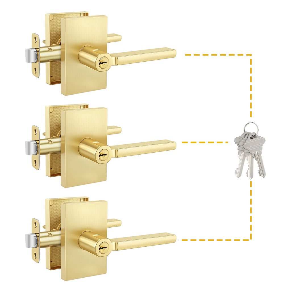 Brushed Gold Door Handle with Lock and Key, Square, 3 Pack