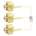 Brushed Gold Door Handle with Lock and Key, Square, 3 Pack