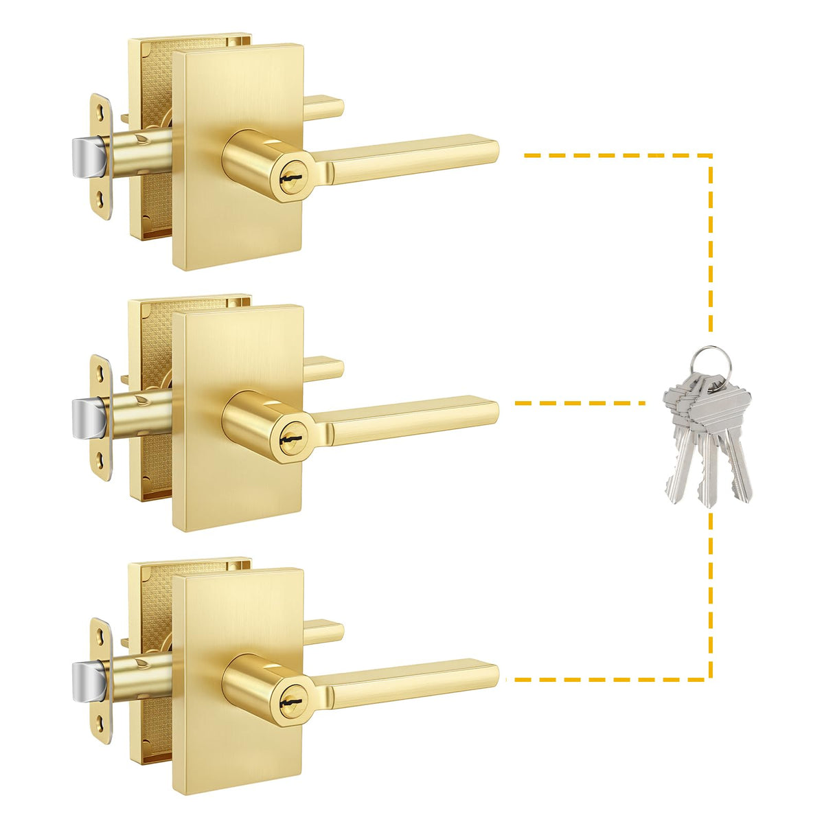 Brushed Gold Door Handle with Lock and Key, Square, 3 Pack