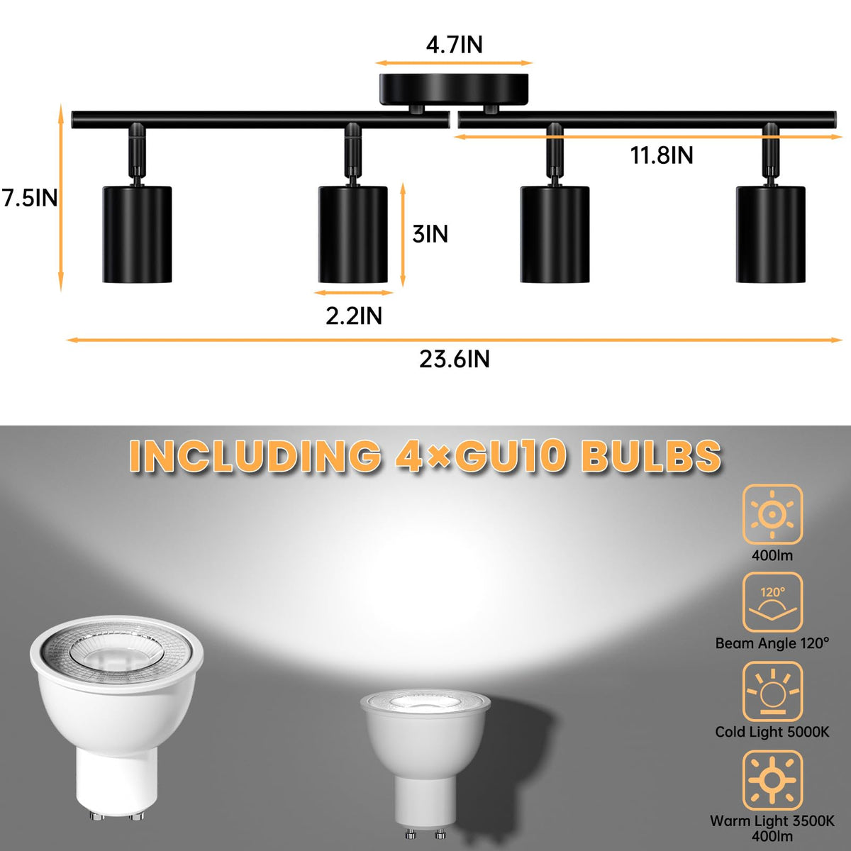4 Light Track Lighting Kit, 23.6" 4 Way Ceiling Spotlights Fixture