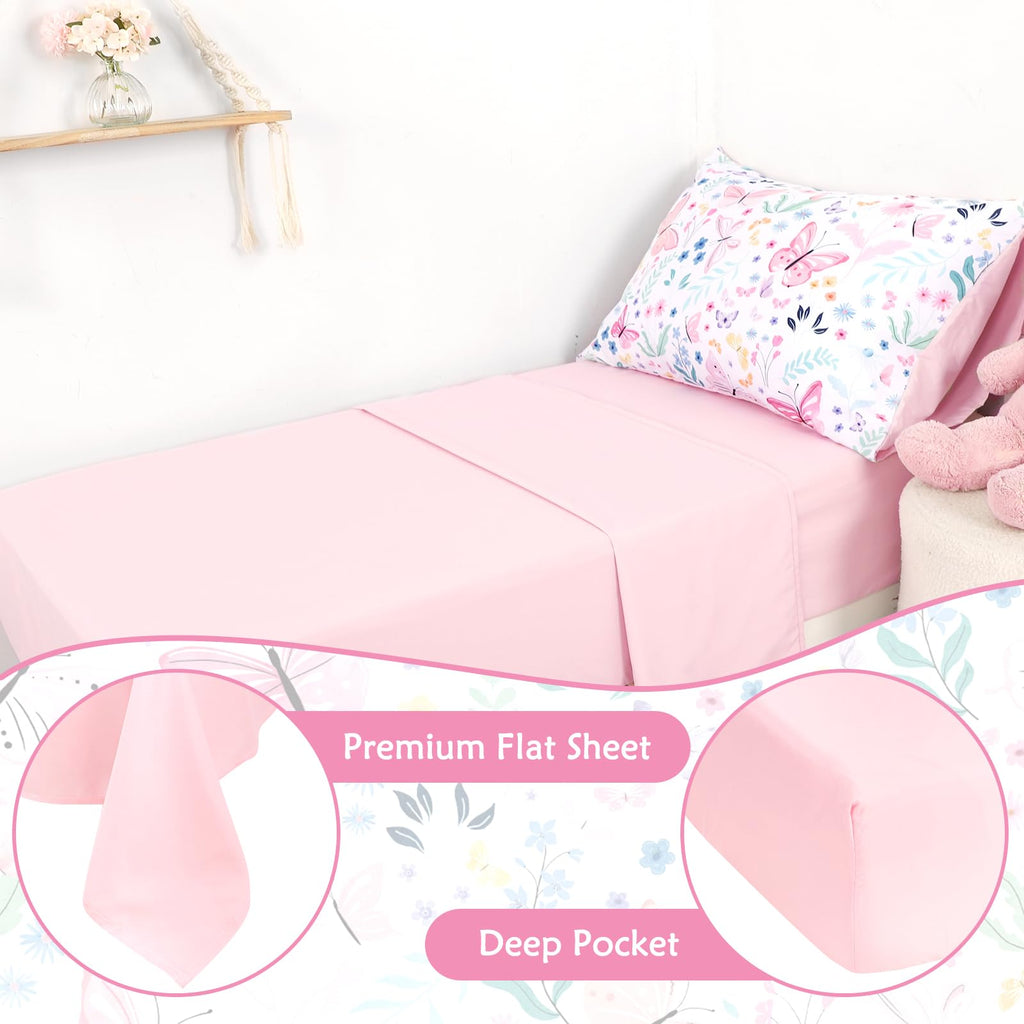 Toddler Bedding Set for Girls 4 Pieces Butterfly, Soft Breathable Toddler Comforter Set, Flower Print, Includes