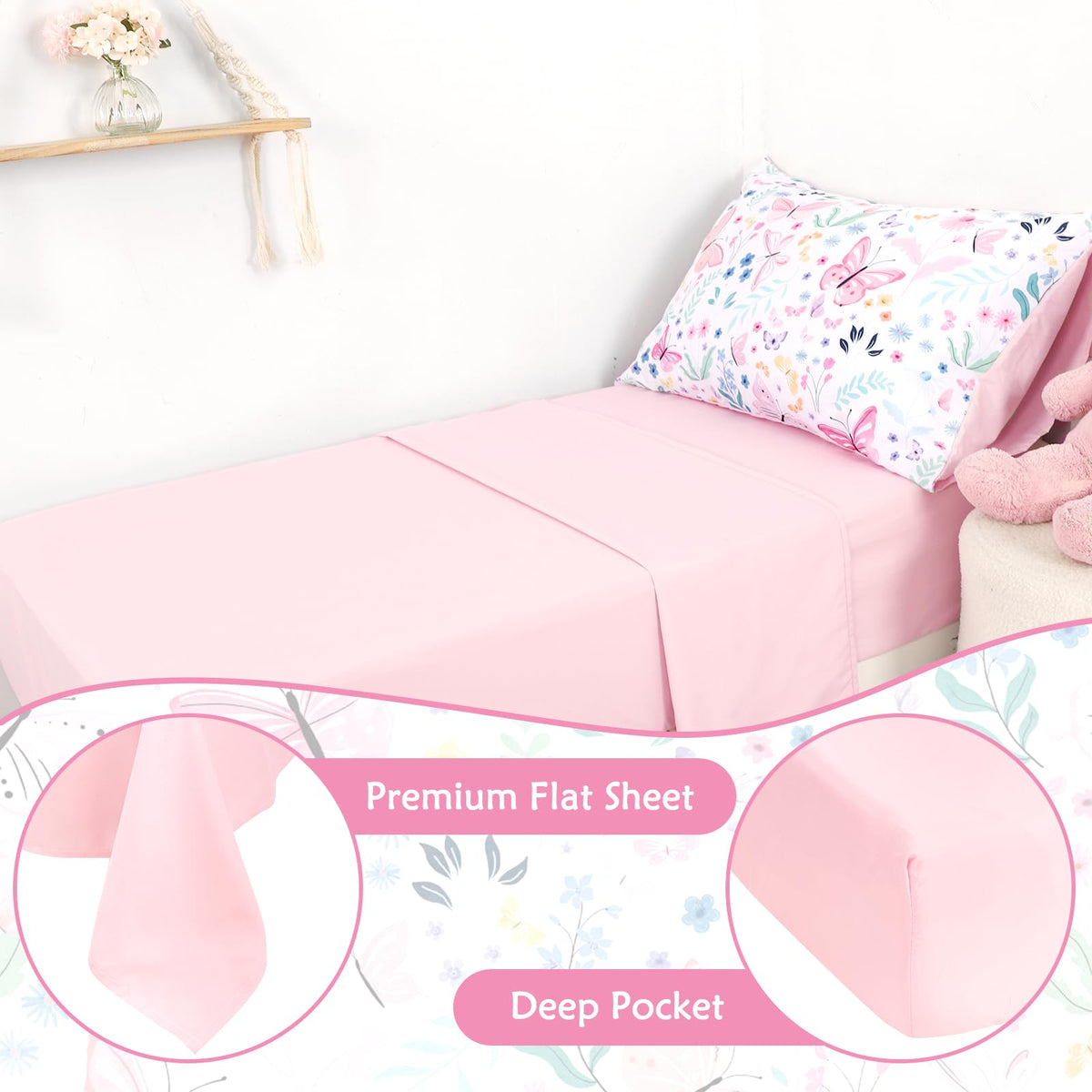 Toddler Bedding Set for Girls 4 Pieces Butterfly, Soft Breathable Toddler Comforter Set, Flower Print, Includes