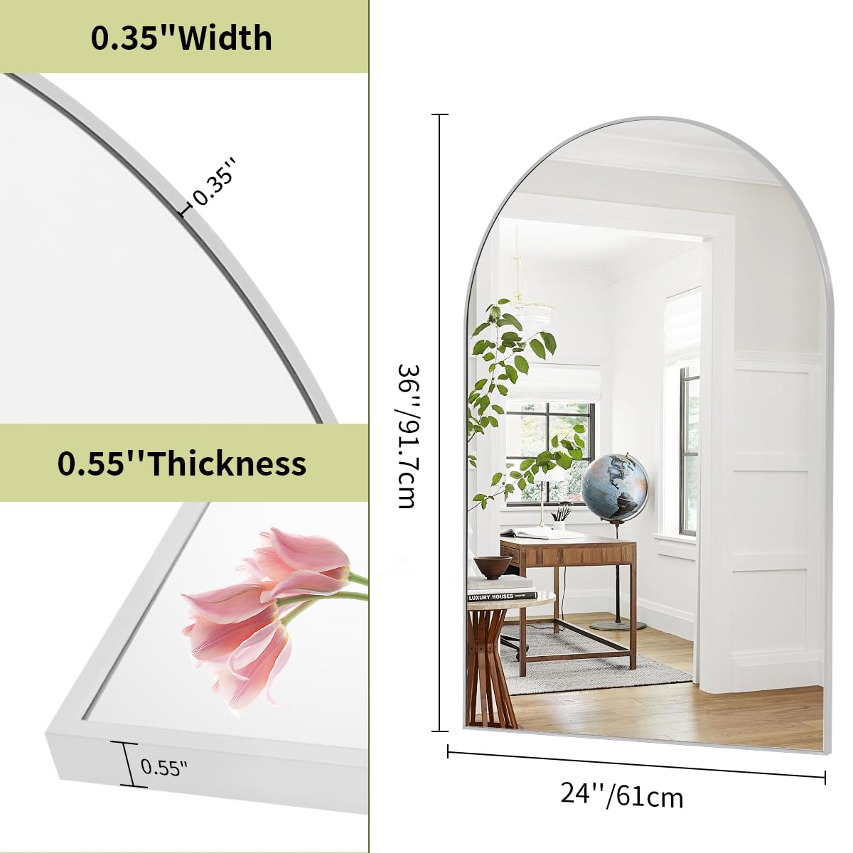 24"x36" Arch Bathroom Wall Mirror, Silver