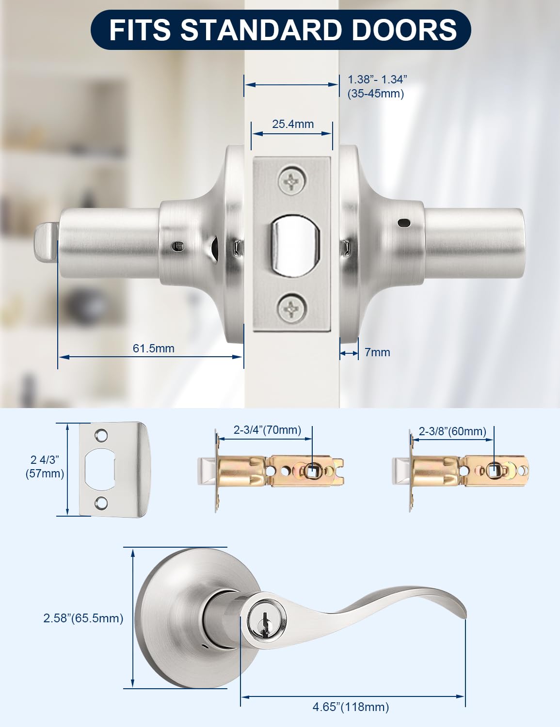 3 Pack Exterior Door Handle Entry Door Lever with Lock and Key, Entrance Door Handles Lockset in Satin Nickel Each