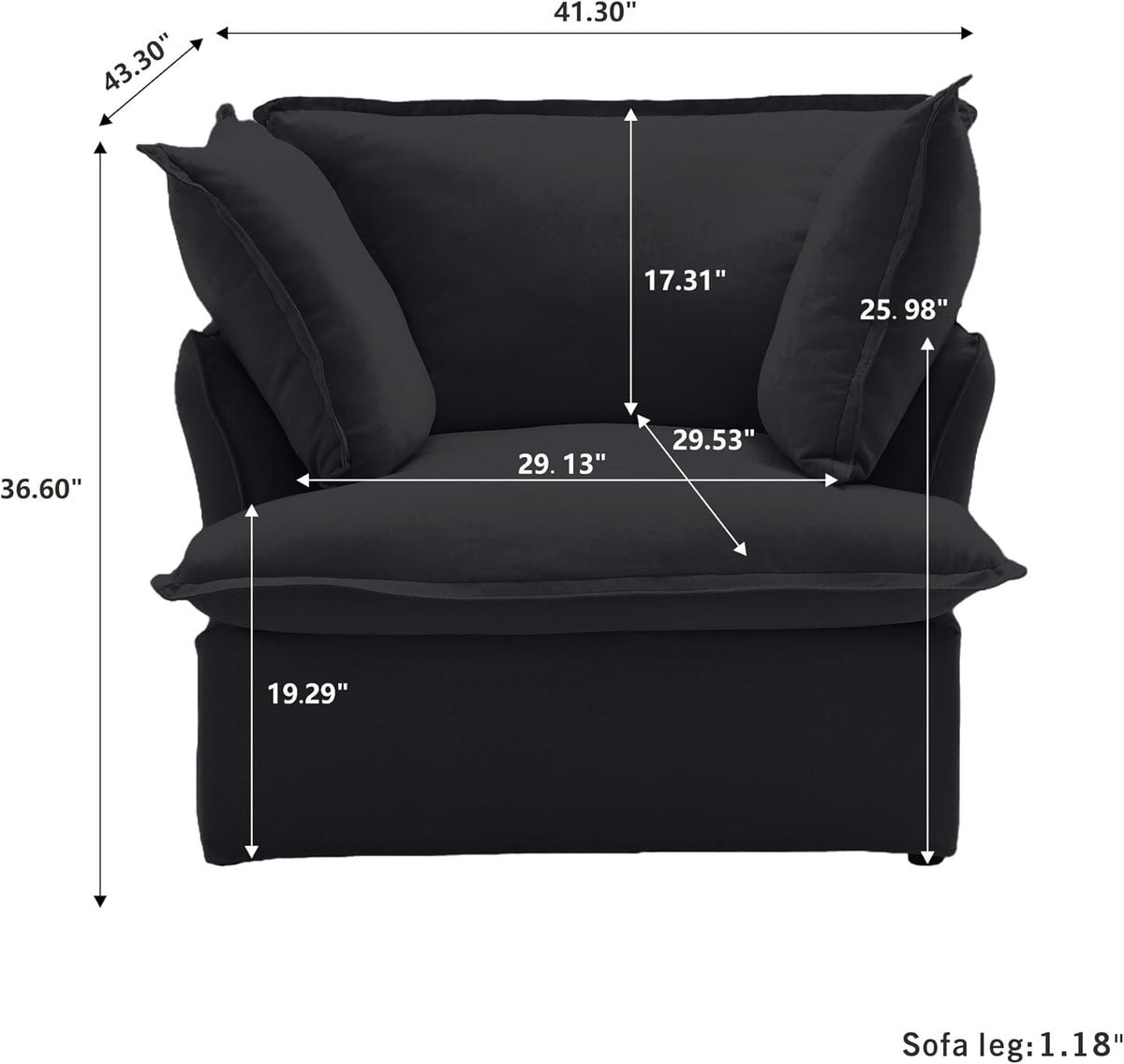 Modern Comfy Couch Chair with Thick Cushion, Couch Single Accent Chair Deep Seat Sofa Couches, Hemp Velvet Sofas Furniture for Small Spaces Living Room Bedroom Office Apartment (Black)