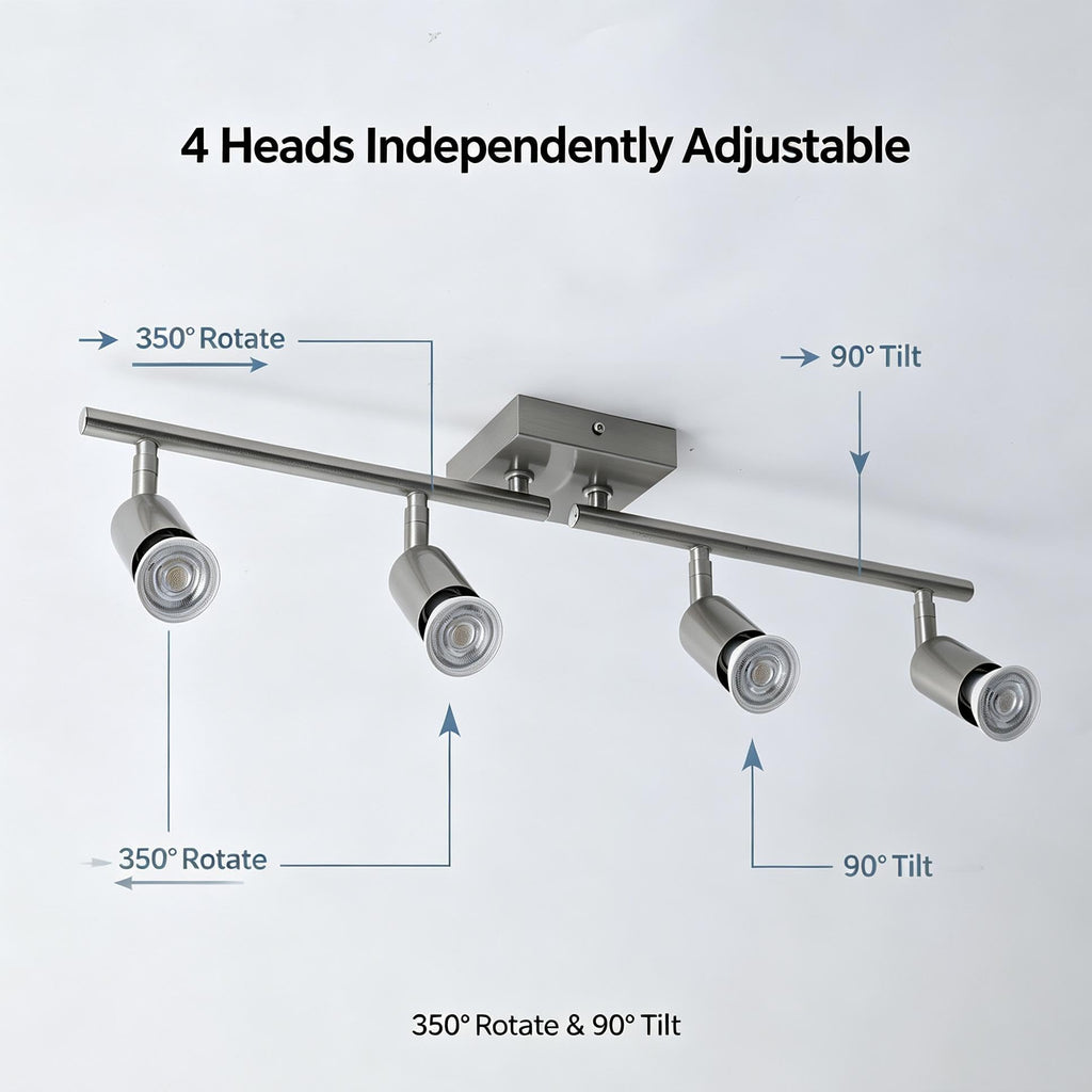 Long Stem Track Lighting, Nickel Hardwired GU10 Ceiling Spotlight, Rotatable Adjustable Long Arm Track Light