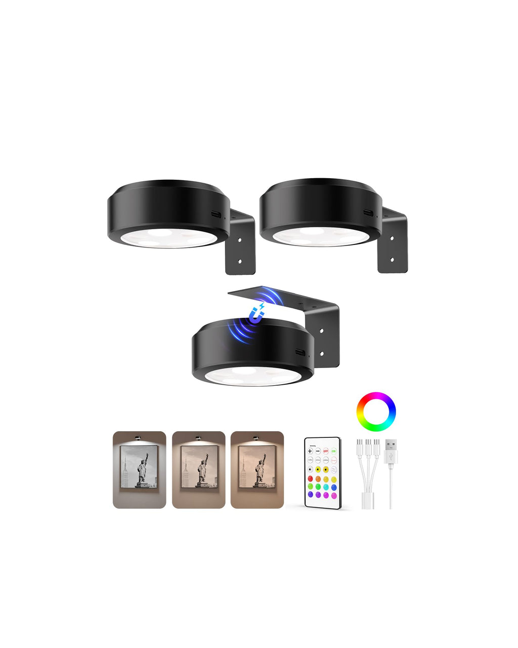 Picture Lights for Wall, 2000mAh Rechargeable Battery Magnetic Poster Lights with 3 Color Temps & 12 RGB, Remote