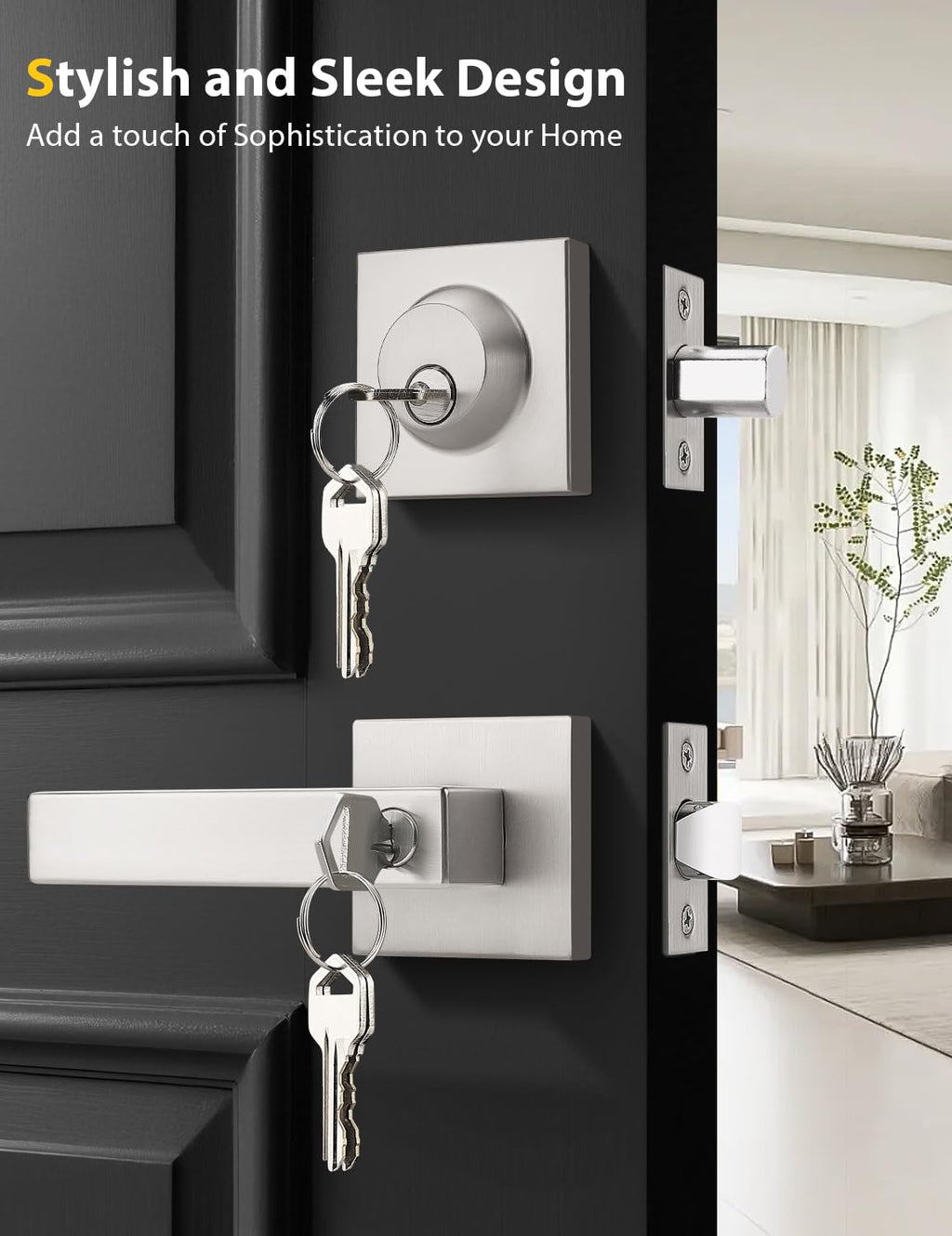 6 Pack Brushed Nickel Keyed Alike Front/Exterior Door Lever with Single Cylinder Deadbolt, Square Entry Door Knob