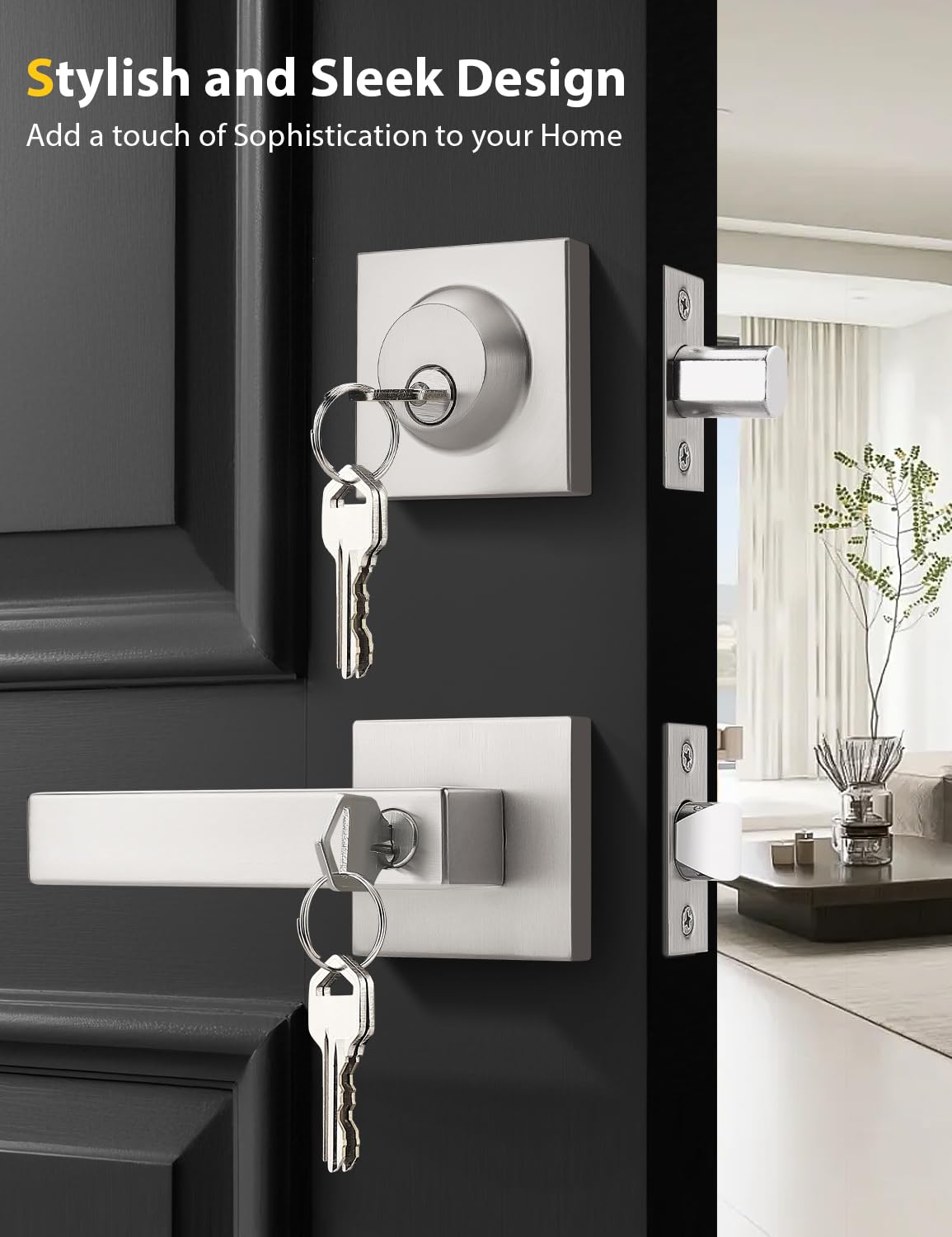 6 Pack Brushed Nickel Keyed Alike Front/Exterior Door Lever with Single Cylinder Deadbolt, Square Entry Door Knob