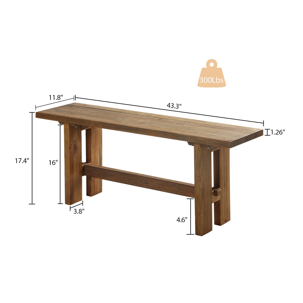 Reclaimed Solid Wood Bench, 43.3" Farmhouse Entryway Bench