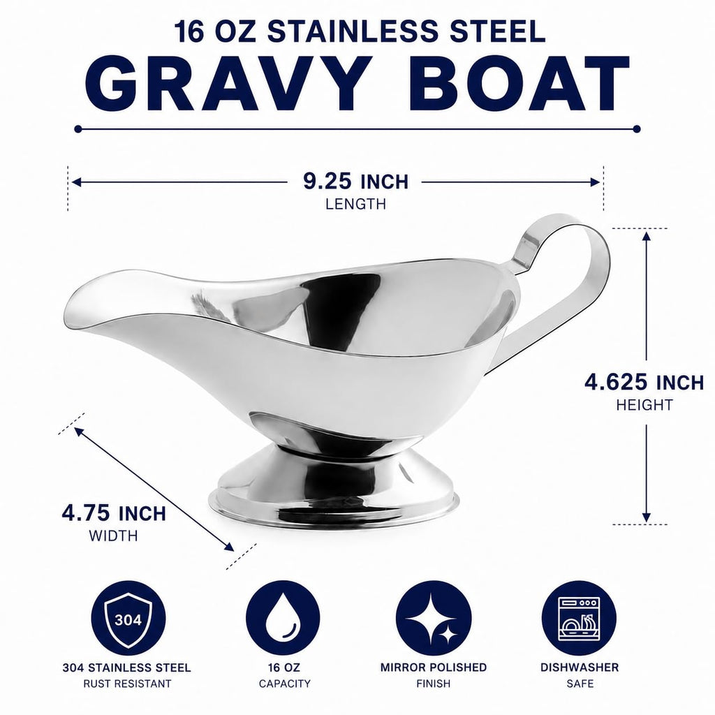 16 Oz. Stainless Steel Gravy Boat Set of 2 - Elegant Sauce Server with Gadroon Base & Easy-Pour Lip - Durable Metal