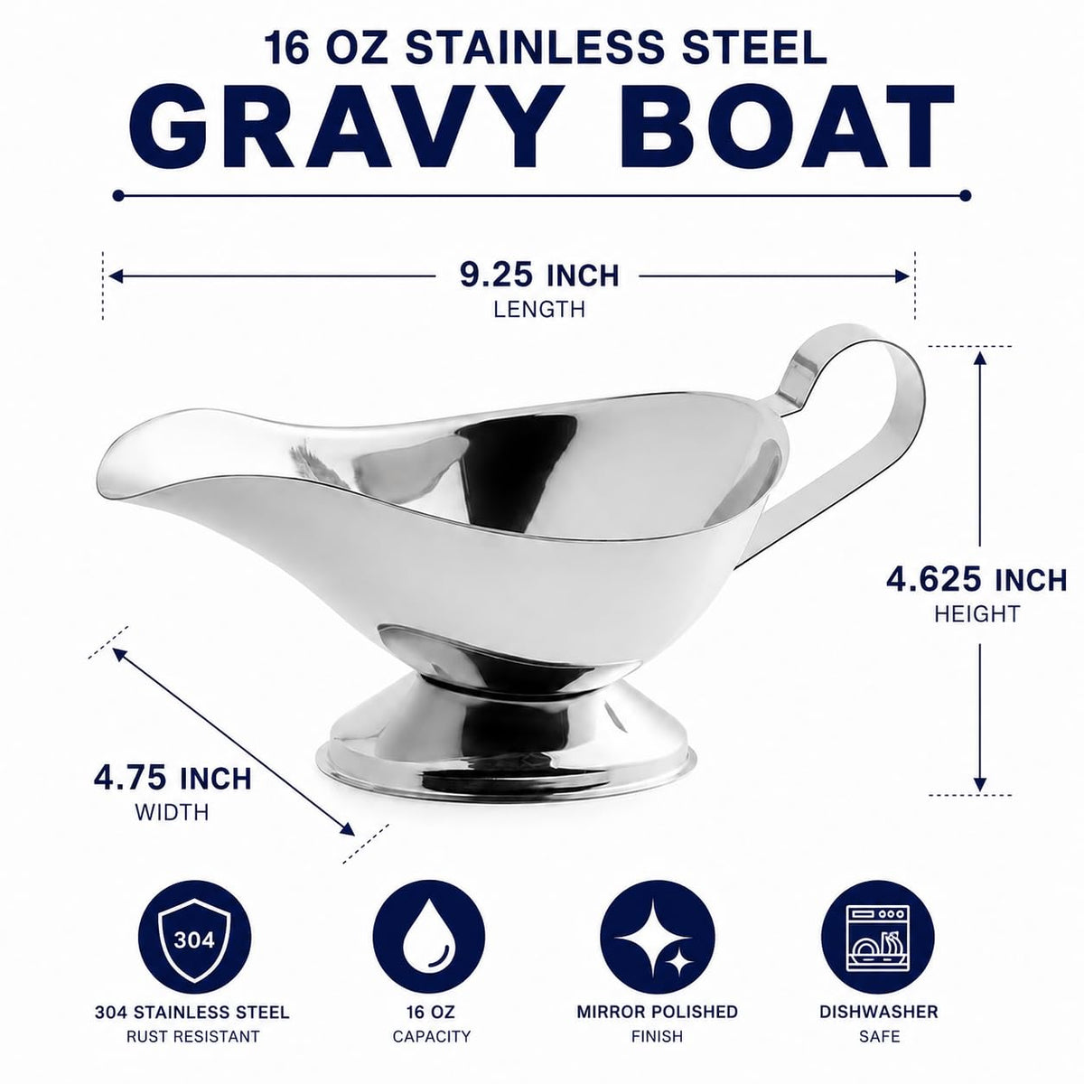 16 Oz. Stainless Steel Gravy Boat Set of 2 - Elegant Sauce Server with Gadroon Base & Easy-Pour Lip - Durable Metal